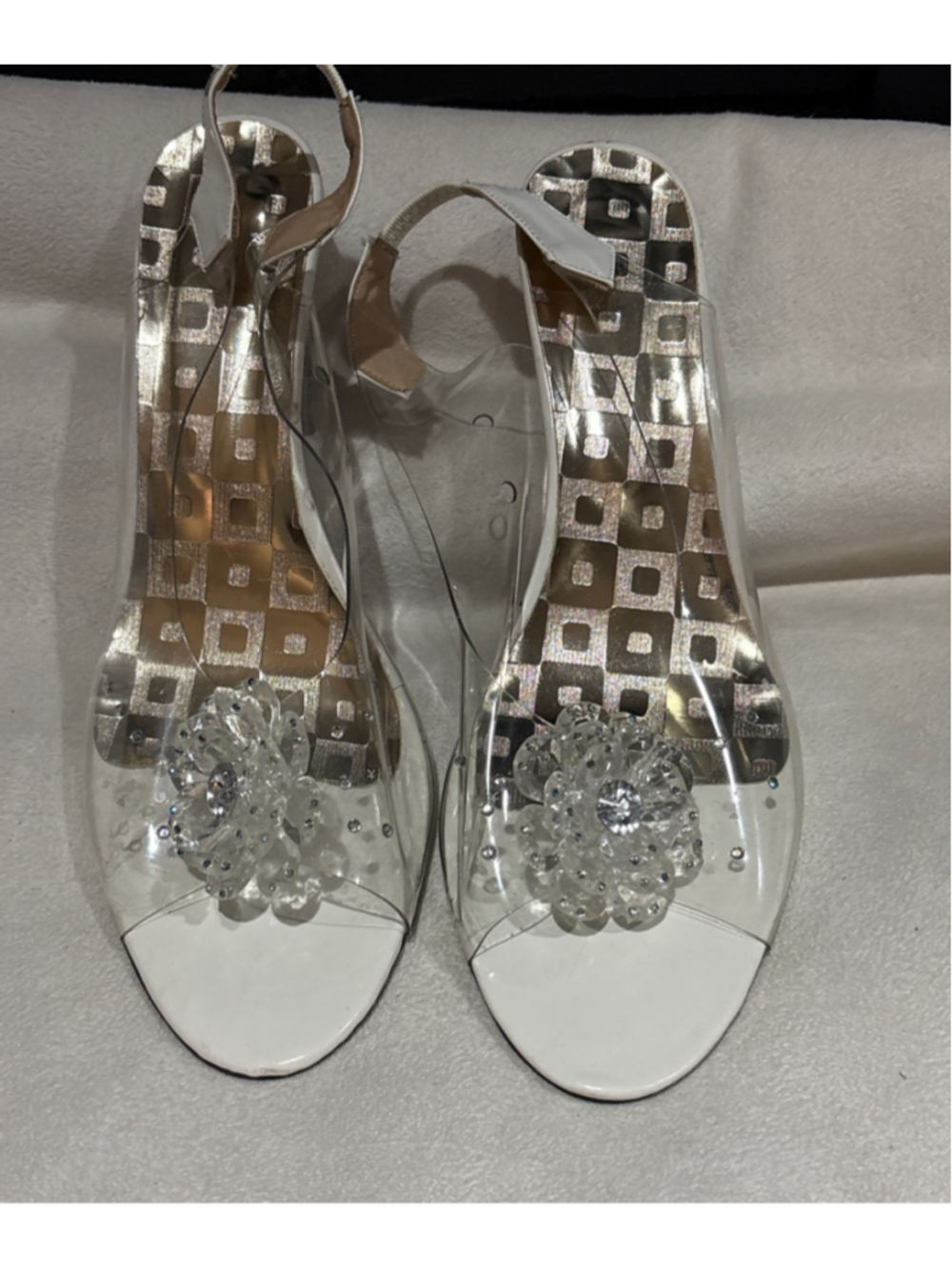 Women's Unbranded White Clear Rhinestone Wedge Sandals Size 8.5